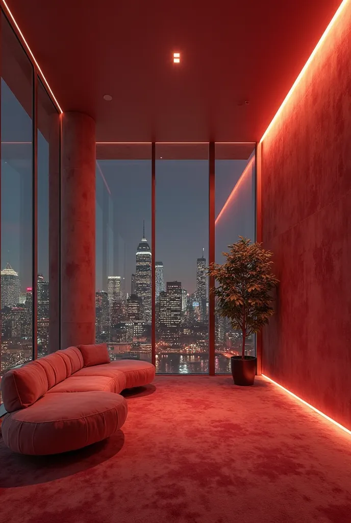 L’intérieur d’un building nommé RUBY dans des tons beige , rouge rubis très subtil. Ça doit être moderne mais minimaliste. On doit voir le mot Ruby sur un des murs. Des grosses baies vitrées avec la vue de New York la nuit 