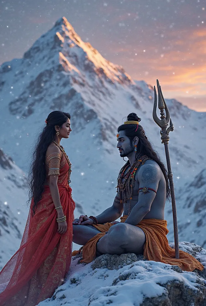 A divine scene at Mount Kailash, covered in snow, with a serene, mystical atmosphere. Goddess Parvati, dressed in a red and gold saree, gazes lovingly at Lord Shiva, who sits in a meditative posture with a crescent moon on his forehead and his trident besi...