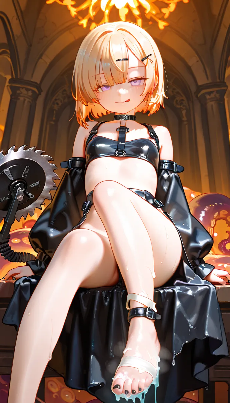 1girl, lavender eyes, jitome(0.5), Orange Blonde hair, straight short bob hair cut, Asymmetrical bangs, Bangs that cover one eye, culry hair, flat Breast, black clothes, cropped top, dark nun, flaming black giant octopus, black octopus, black tantacles, fl...