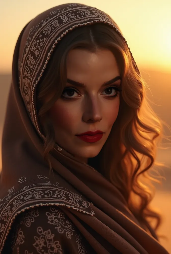 Draw a wavy hair veiled woman, wearing hijab, make up, 4k, dark ambient, close up, realistic, photorealism, at sahara dust, shot from above, sunset behind, a thousand and one nights tales vibe