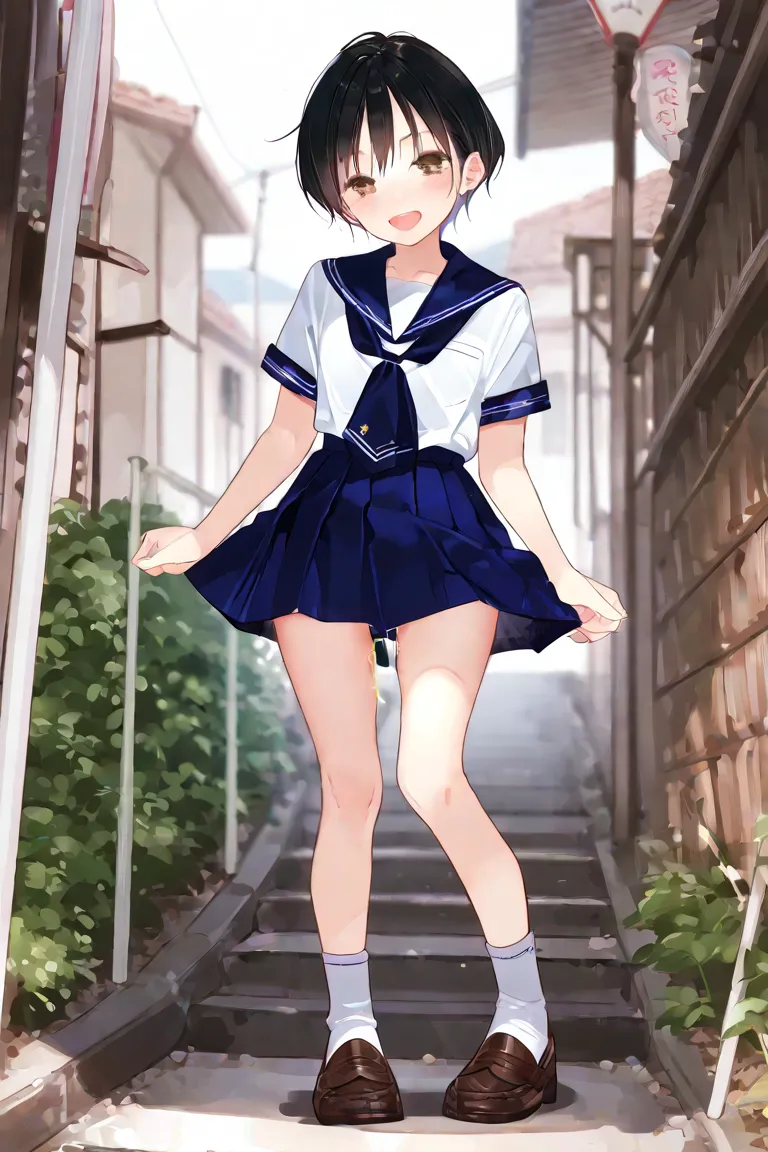 masterpiece、Highest quality、High Resolution、 Clarify every detail、1 girl、 Japanese、 black hair、short hair full of pee、slim、Town、road、younger sister、 middle school student、、(eye、nose、mouth)summer、sailor suit、Short sleeve、blue sailor scarf、pleated skirt、knee...