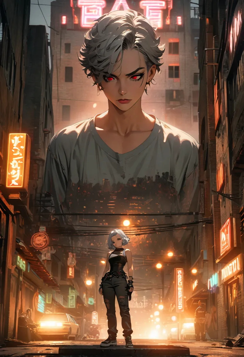  Look Down，Punk boy standing on the roof of the city，Gray Hair，short hair， red eyes，full body portrait，Celluloid Style， flat coating ，High Resolution，CG Art， comics，8k，looking at the camera，high quality， 's illustration ，bitches line up in front of the mot...