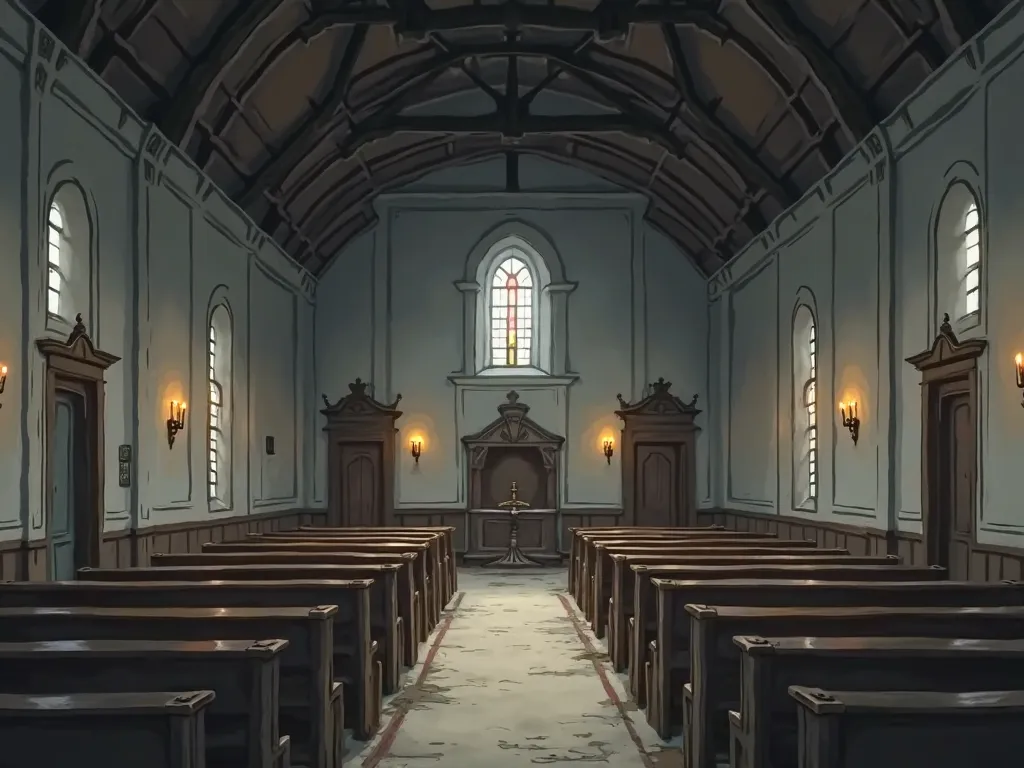 Inside an old small church with a normal flat ceiling and grey walls, slightly decorated, unlit candles,  no people in image, anime style