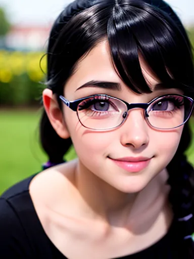 A pretty girl with black hair,with pigtails ,glasses and school uniform, Posing sexy provocative ,bokeh,  Slender Body Breasts, big breasts , thick legs