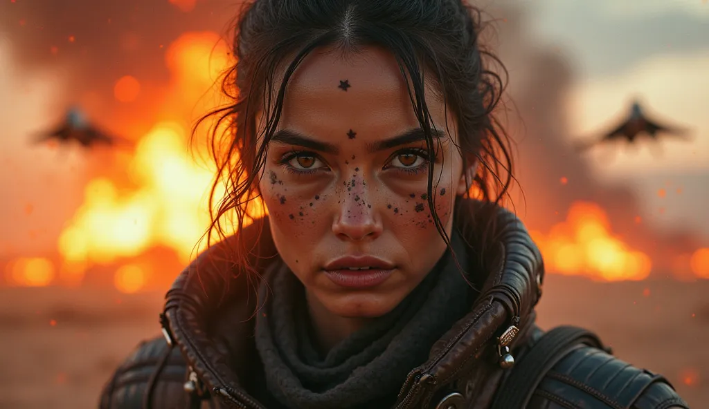 8k result A high-resolution image of a woman with glowing eyes, covered in battle scars, standing as the focus of the scene. The intense close-up portrait captures her strong gaze, surrounded by the chaos of futuristic fighter jets flying in the background...