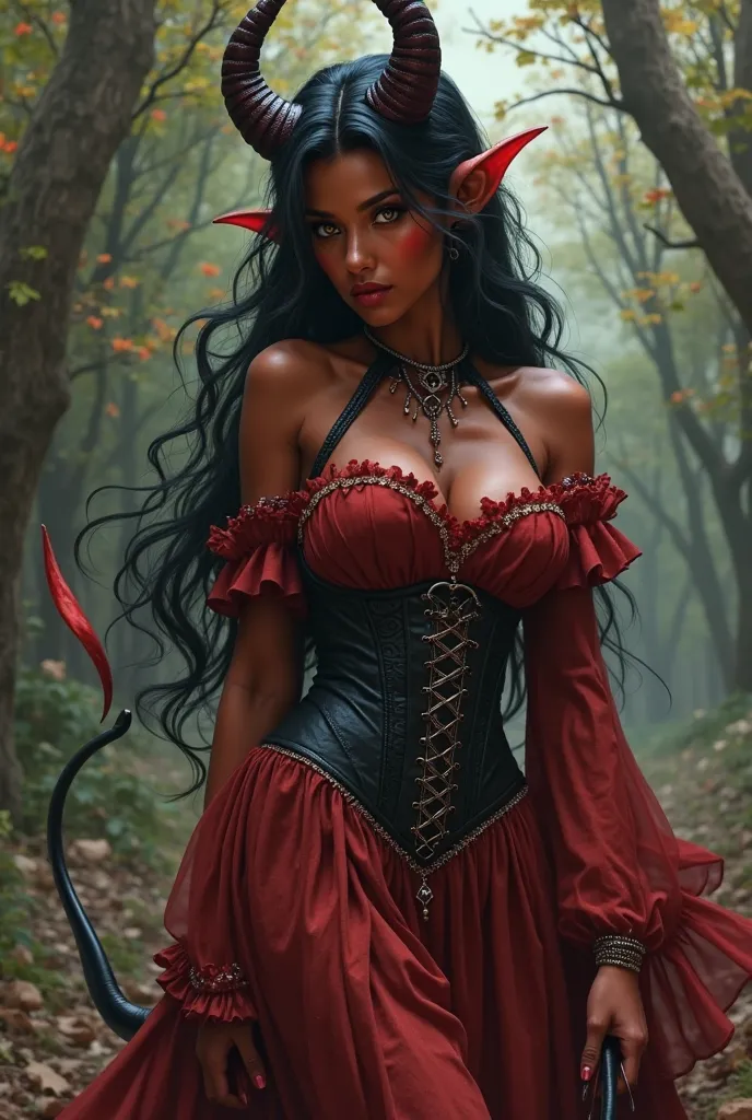 Narysuj atrakcyjną postać demona , red-skinned women , long black hair , elf ears  ,  has horns ,tail
Dress with corset one sleeve high golden eyes , dress with frills at the bottom accessories , long paws in the style of fantasy , styl dnd