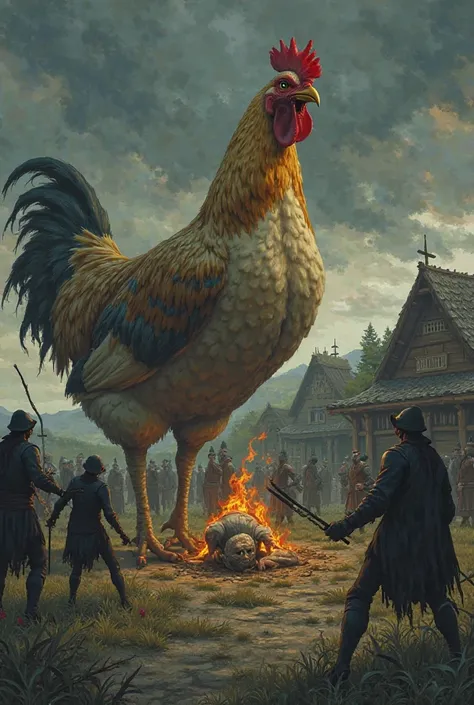 Prompt: The giant chicken is in distress, surrounded by the same evil men. One of them is swinging a weapon, while the chicken collapses in pain. The village in the background looks quiet, unaware of the tragedy. The sky is getting darker, symbolizing the ...