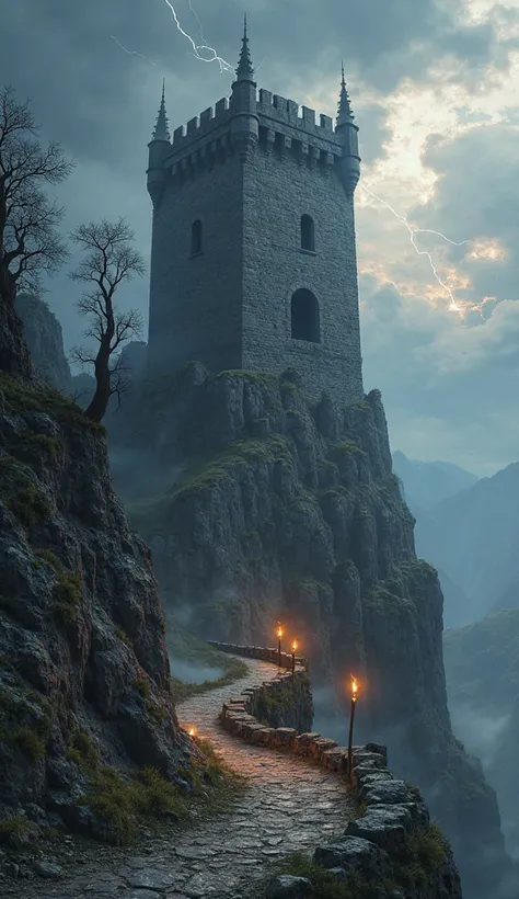 At the pinnacle of a craggy mountain, a formidable tower stands sentinel against the elements, its weathered stone walls bearing the scars of time and battle. This medieval fortress, built from dark granite and reinforced with iron, rises sharply into the ...