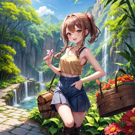 pink brown brown gold hair、 eye、  Has hair tied  、Two cute people、 Check Mini Skirt、  black t-shirt、 Light clothing、 tank top、 camisole、high socks、 Boots、 teeth inside、  The Road Is Crooked 、Mountain々、Stick together  、 bamboo forest、 chest pocket  、rock sa...