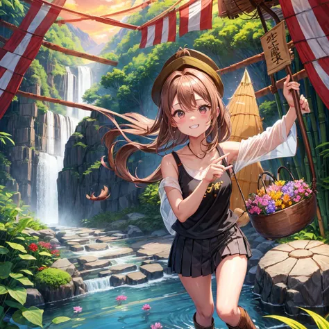 pink brown brown gold hair、 eye、  Has hair tied  、Two cute people、 Check Mini Skirt、  black t-shirt、 Light clothing、 tank top、 camisole、high socks、 Boots、 teeth inside、  The Road Is Crooked 、Mountain々、Stick together  、 bamboo forest、 chest pocket  、rock sa...