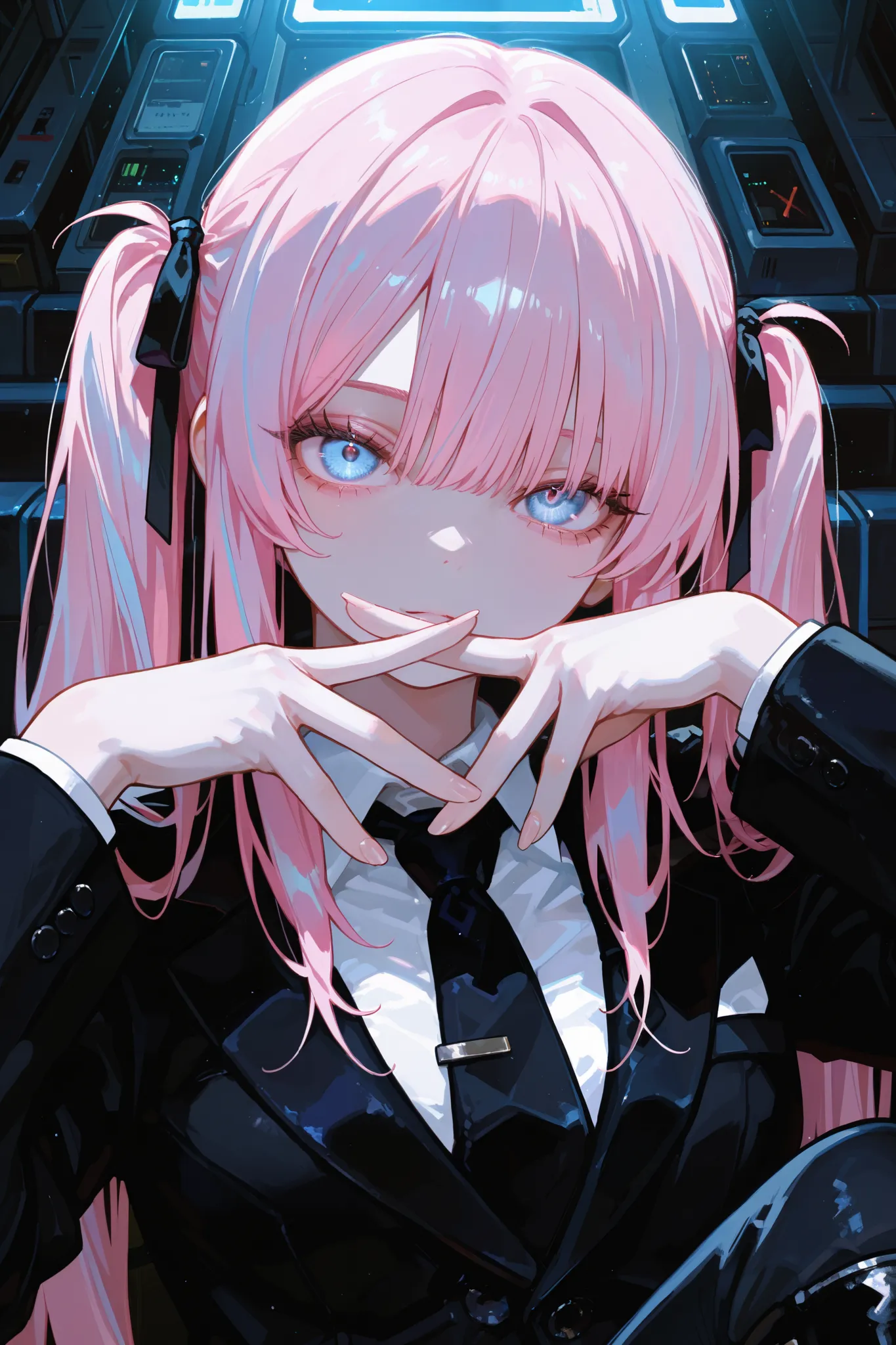  dull bangs、(((Digital World)))、Virtual Space、 ((((Excellent)), (extremely detailed, is ridiculous, very aesthetic), (very detailed background, Lighting), (1 girl, Pink short twin tails、 quick bangs、bangs are neatly straight、 Graceful and dark eyebrows : 1...