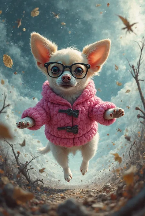 A chihuahua dressed in pink with glasses taking off in the middle of a cyclone 