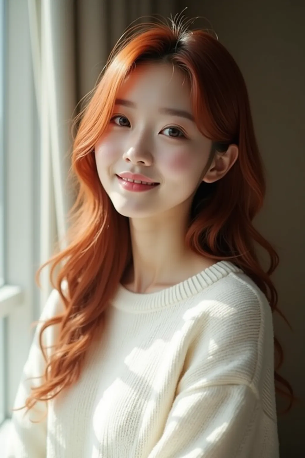 Professional Photo Shoot of Beautiful Women、Natural light shines beautifully on the subject、Cute 18-year-old Japanese with red hair、Small face、Well-balanced Contour、The skin is white and transparent,、There are few blemishes and dullness、, big eyes, and dou...