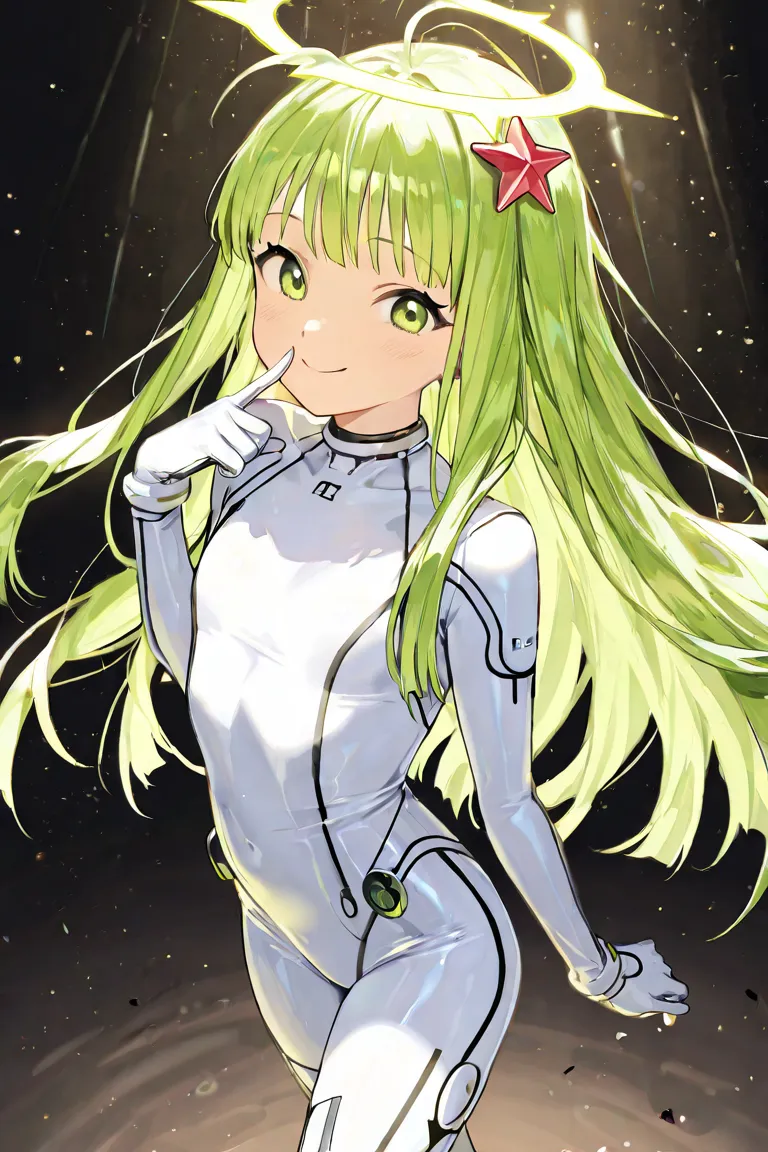 Anime girl, 6 head tall, flat chest, long straight lime hair, green eyes, wearing white body suit with white body stoking, sexy smile, wind effect, star on head, one finger on face pose