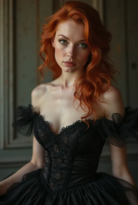 Redheaded woman in black ball gown,vertical body image