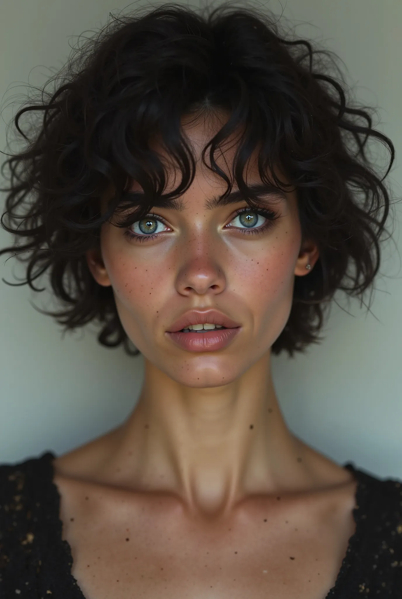 26 year old greek female,olive skin, short curly black hair, blue eyes, unisex face.