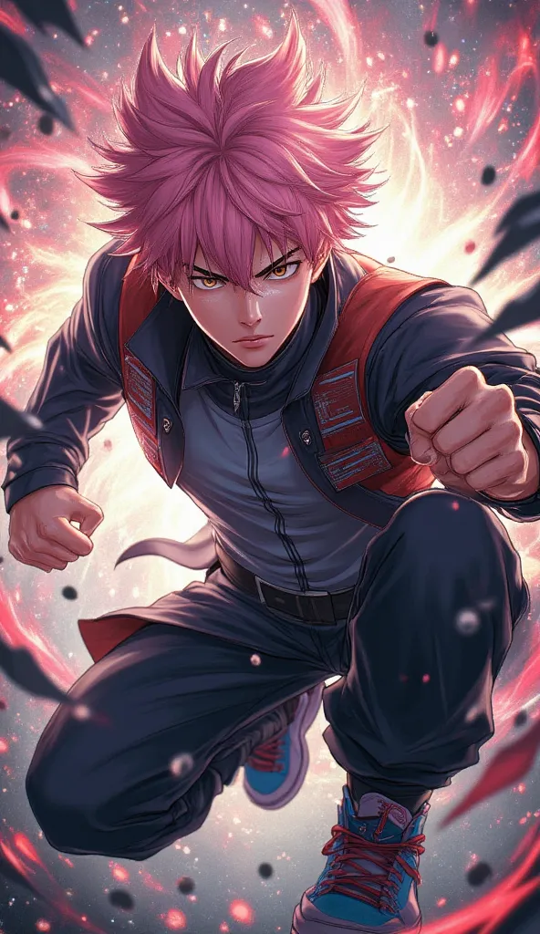 Yuji Itadori**: A muscular yet lean age boy with spiky pink hair and warm brown eyes. He wears the Jujutsu High uniform—a dark jacket with a high collar, matching pants, and sneakers. Show him mid-action, his fists glowing with cursed energy, veins popping...