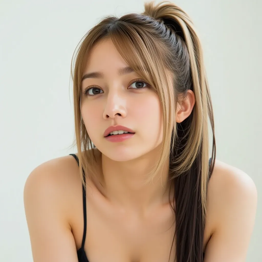 Two-tone blonde and black hair、long hair、 hairstyle is straight、 light background、black me swimsuit、スーパーlong hair、Ponytail、close up the face、The color of the hair is different on the left and right