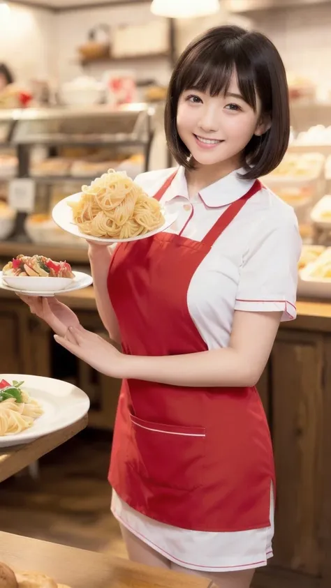 Only one woman, standing, (staff uniform) (red apron), /(black hair/) bangs, gentle smile with blush on cheeks, (top quality masterpiece :1.2) super detailed delicate illustration, ((big break)), (cafe shop) indoor, ((( girl, ,Short Bob, slim ))), ((Hold a...