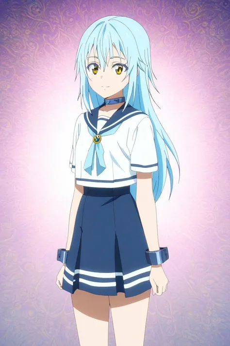 _Rimuru Tempest AA , sailor suit,feminization, slender body,Yellow-eyed woman with long light blue hair, 