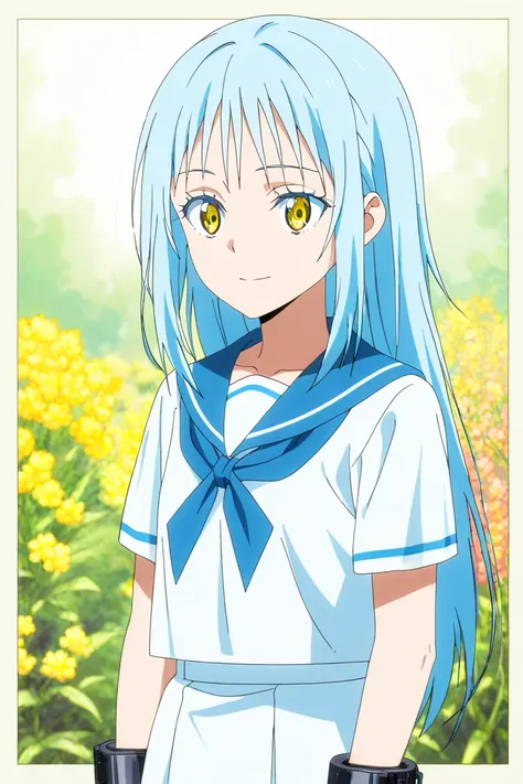 _Rimuru Tempest AA , sailor suit,feminization, slender body,Yellow-eyed woman with long light blue hair, 