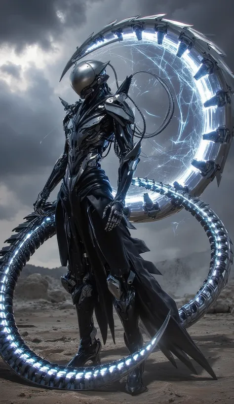 "A cybernetic warrior with a sleek black and metallic silver exoskeleton stands in a futuristic wasteland. Their glowing silver eyes shimmer with intelligence. A segmented mechanical tail, lined with luminescent silver energy lines, extends behind them. Th...