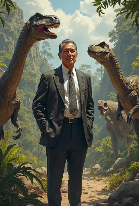 A realistic image of juan Ponce enrile with dinosaurs in the dinosaur era