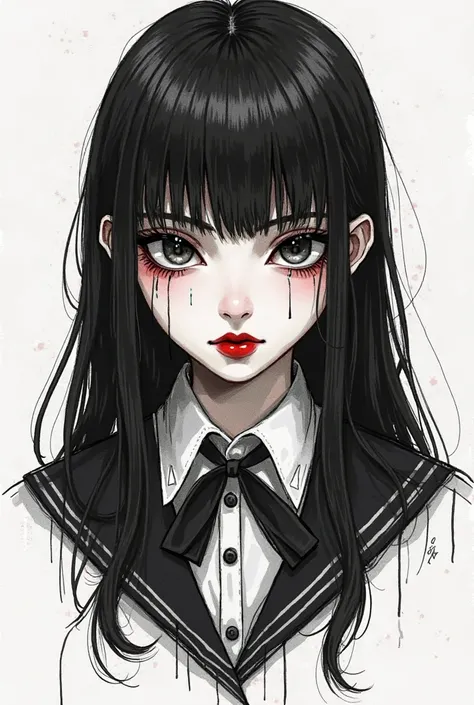 hand drawn illustration of age school girl , red lips , oval face , sharp evil eyes , court uniform , black and white uniform , black long hair , in white background 