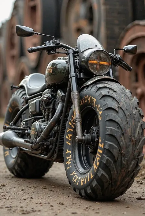 Create the logo of a touring-style motorcycle with huge tires of a steamroller that says flattening on it