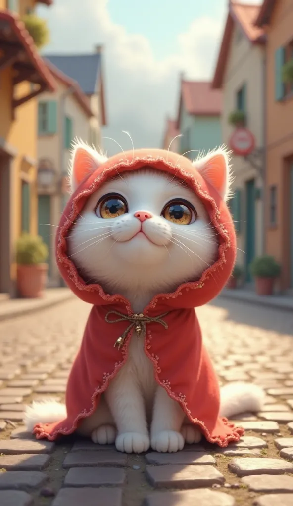 A fluffy white cat with big, sparkling eyes and a small pink nose, wearing a beautiful red hood with lace trim. The cat sits in a charming village square with cobblestone streets and pastel-colored cottages, looking curious and cheerful under the soft morn...