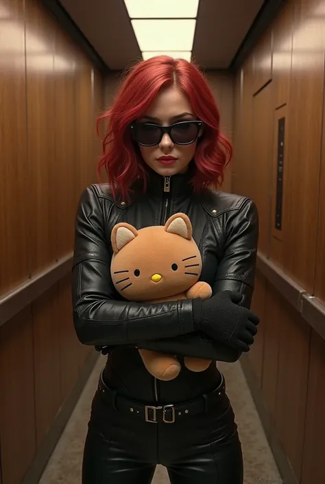 Natasha Romanoff holding a hello kitty plushie in Brown elevator and she Has sunglasses on