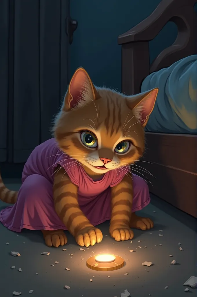 Ia, 's brown cat still in her pink dress,  is crouched on the floor , staring intently at a small shiny object she found under the bed. Her big eyes are filled with confusion and fear when she reaches out to touch it. the room is dark, with only the glow o...