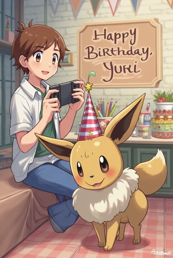 Phrase lvl up 32 with a game controller and an eeevee next door with a party hat, With a fonde that says happy birthday Yuuri