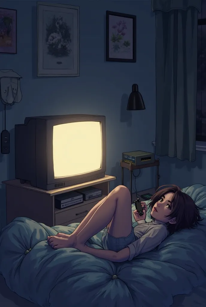 ren on their backs playing on a console at night with the TV light illuminating them, In a nostalgic tone the scene