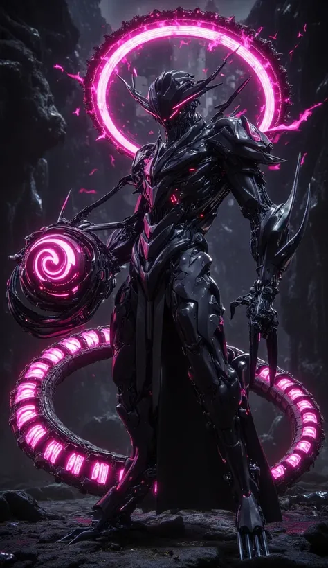 "A futuristic robotic warrior clad in dark, high-tech armor with pulsating magenta energy veins stands in a surreal alien landscape. Their glowing magenta eyes pierce the darkness. Behind them, a mechanical tail with bright magenta segments spirals like a ...