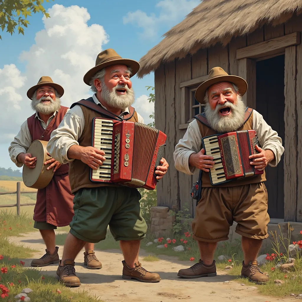 Belarusian peasants with an accordion and a tambourine near a wooden building, a booth, dirty Belarusian musicians with an accordion and tambourines, caricature, humor, sarcasm, realism 