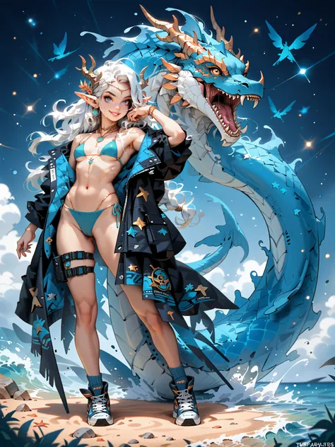 （from front, full body, look at viewer）（Summon an aquatic creature、 dragon ）young age beauty(A deep smile, perfect female proportions,  ideal figure）A large amount of rainbow-colored particles swirl around the center。
purple seductive halter neck bikini、 e...