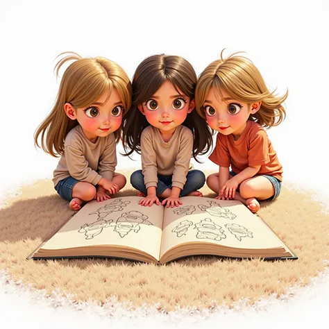 Enfants petites filles triplés mignonnes  blondes foncés aux épaules , yeux marrons qui se ressemblent beaucoup, sitting on a carpet and drawing a picture on a giant book on the floor. ,  Pixar style , fond blanc Résolution Haute, 