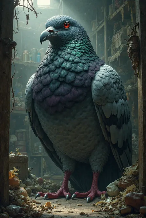  A giant pigeon sits in the room and has garbage lying around it 