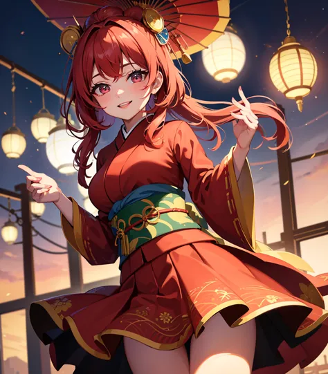 　 red hair 　red eyes　solo　smile　 laughing　smile　cute　Mysterious　beautiful　 kimono　and　 kimonoアイドル　Oiran　Japan　Japan 　大andなでしこ　Idol　 glitter　fantastic miniskirt