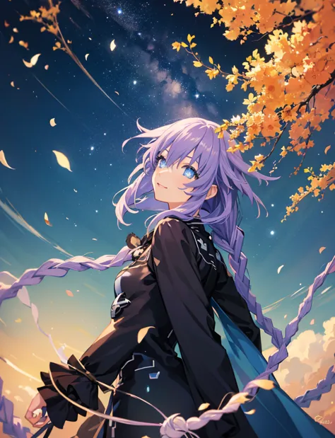 Background with, long purple hair, purple heart (((Hyperdimension Neptunia))). Anime effect