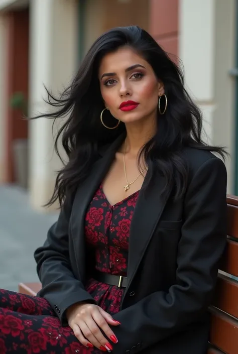 Create an image of a well-resolved woman,well dressed with fashionable clothes ,king,lipstick with black hair with a cheeky face,red lipstick,red nails, sitting on a bench in a square ,The image should be right in the left corner 