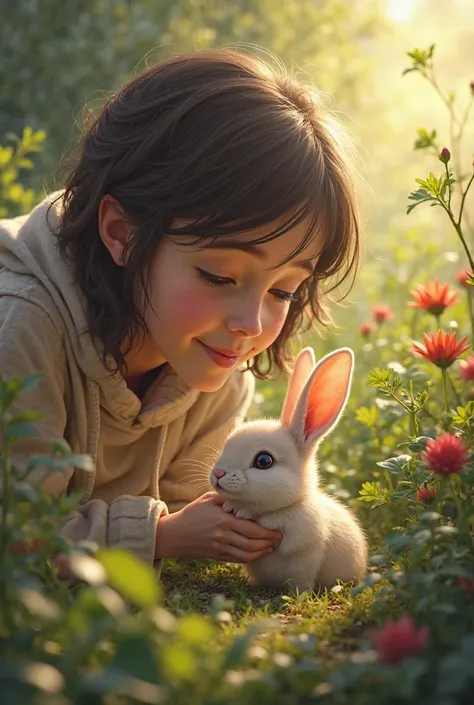 A  with bright eyes and a kind smile discovers a tiny baby rabbit hiding under a bush in a beautiful garden.