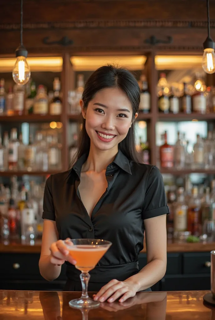 Beautiful fair-skinned Asian bar mom