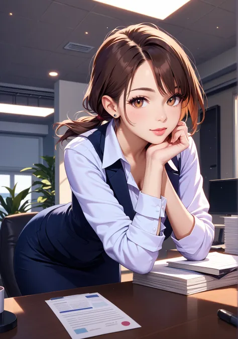 1 girl,office lady,low ponytail,brown hair,brown eye,short hair