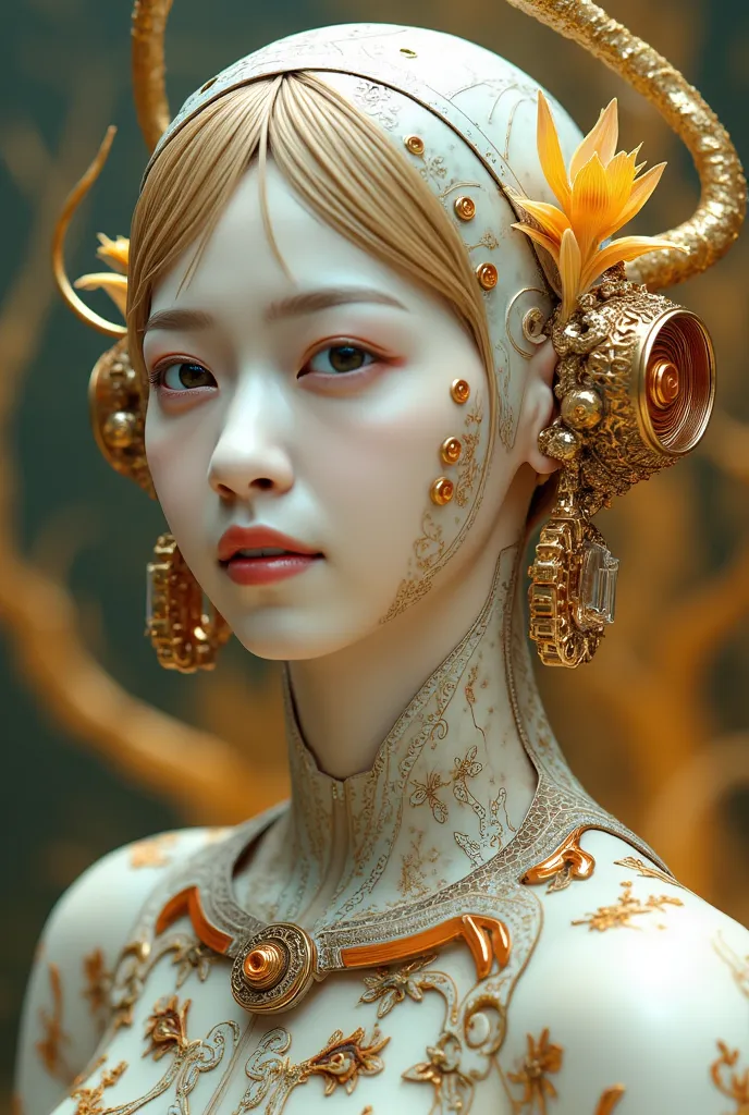 (Surface Focus, Clear facial features), Intricate 3D rendering of a beautiful and attractive biomechanical female porcelain figure, (((With porcelain finish))), simulation, Beautiful natural light, Rim Light, 150mm lens, an Aztec warrior, feature, earlobe ...