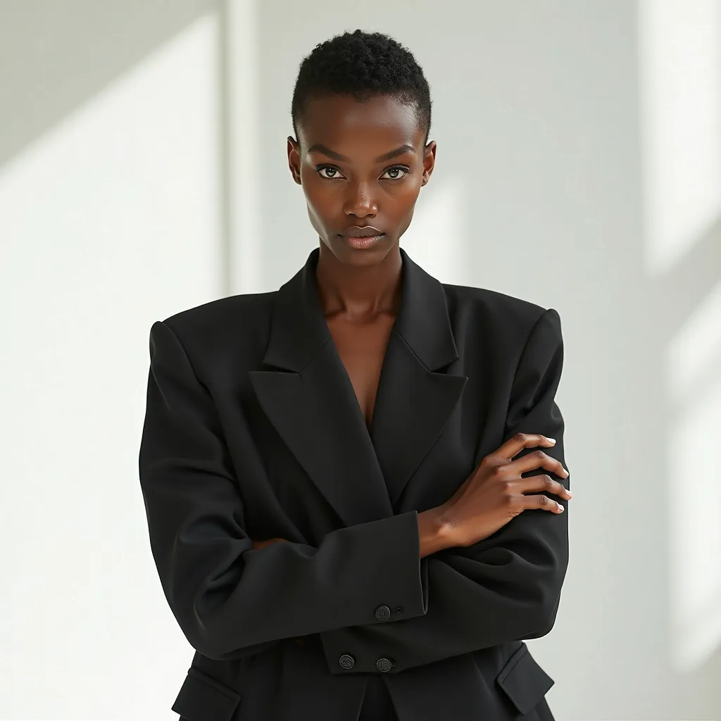 "A caramel-skinned black woman, with a sculpted face and a mesmerizing look. She wears an oversized structured blazer, completely closed, with no open button, with marked shoulders and an angular cut.

Her hair is very short and natural, curly free , only ...