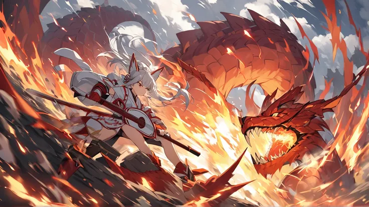 An epic battle between YUKI, the silver-haired shrine maiden warrior, and a ferocious fire dragon. YUKI wields her mystical shamisen, unleashing electrifying sound waves that clash against the dragon’s fiery breath. Her fox mask is cracked, revealing a fie...