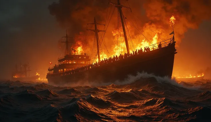 close up of crowd of people on burning ship at night