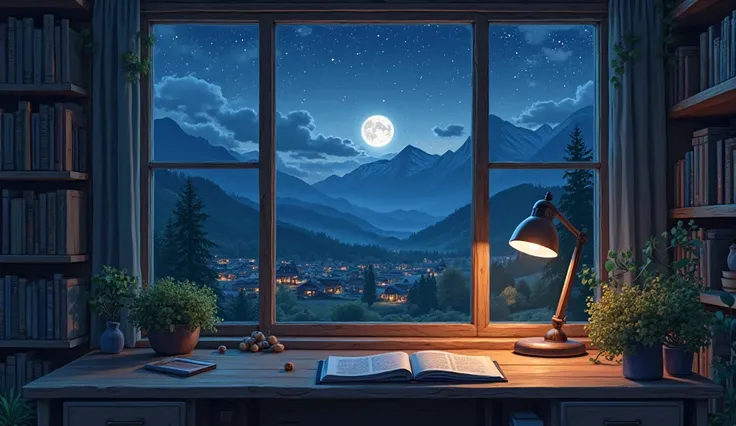 The desk is next to the window. Outside the window, there are mountains, a rural village at night, and the sky is full of twinkling stars.